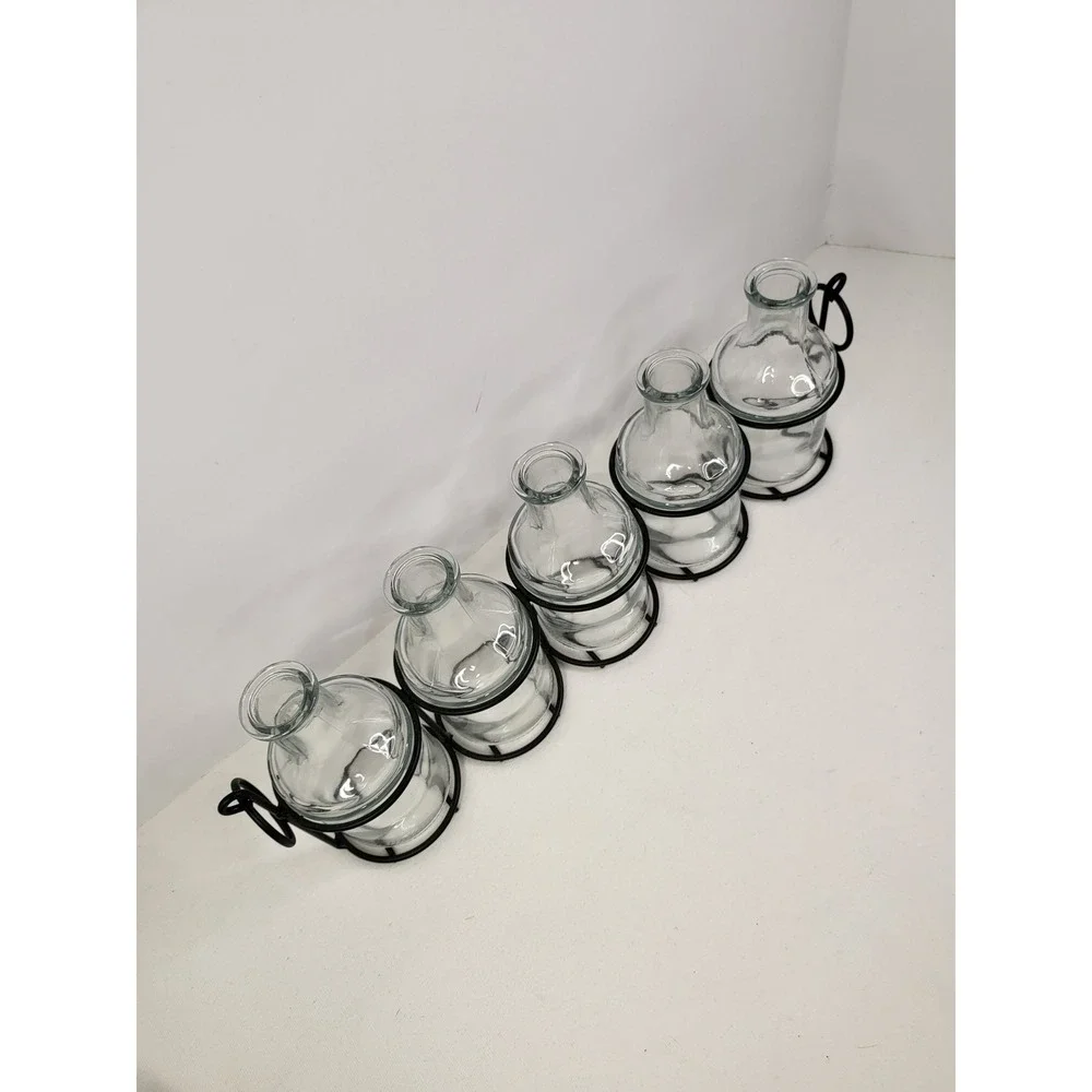 5 Piece Glass Bud Vase Set with Black Metal Wire Rack Caddy Farmhouse Decor